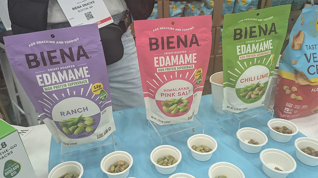 Sample cups on table at Biena Snacks booth