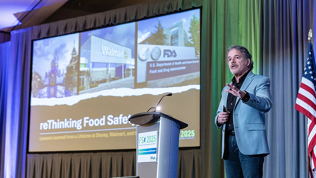 This image is from a presentation about rethinking food safety, featuring experiences from major retailers and government agencies.