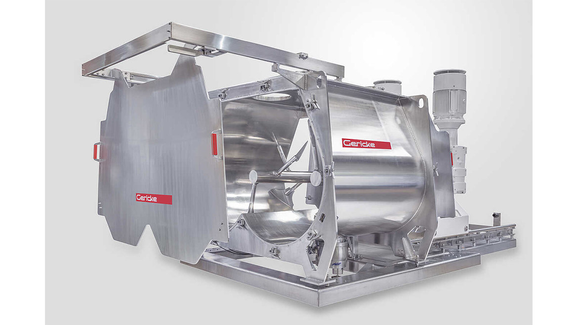 The item pictured is a Gericke GMS Multiflux horizontal batch mixer used for blending powders and liquids. 