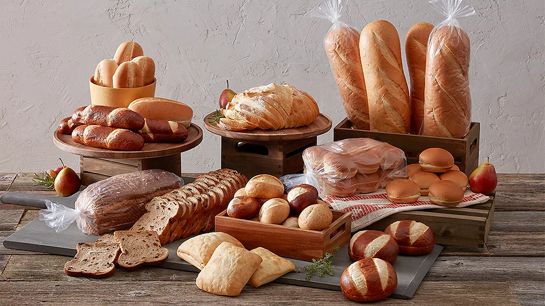 The item pictured is a selection of frozen baked breads and rolls from Gonnella Baking Co.