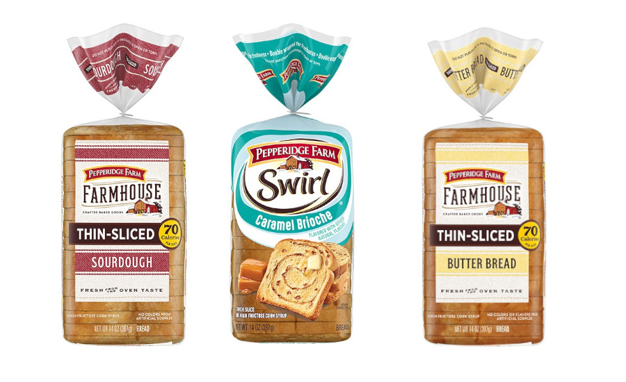 These products are loaves of Pepperidge Farm sliced bread, specifically featuring the Farmhouse Thin-Sliced variety and the Swirl variety.