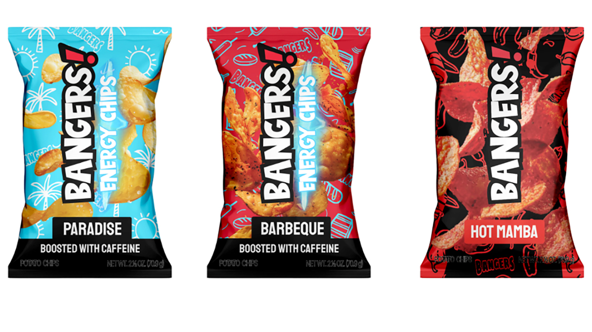Bangers caffeinated potato chips, in flavors like Hot Mamba, Paradise, and Barbeque.