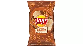 Brown bag of Lay’s Salted Caramel with pictures of chips and caramels on the front.