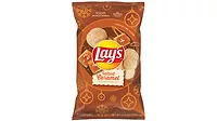 Brown bag of Lay’s Salted Caramel with pictures of chips and caramels on the front. Brown bag of Lay’s Salted Caramel with pictures of chips and caramels on the front.