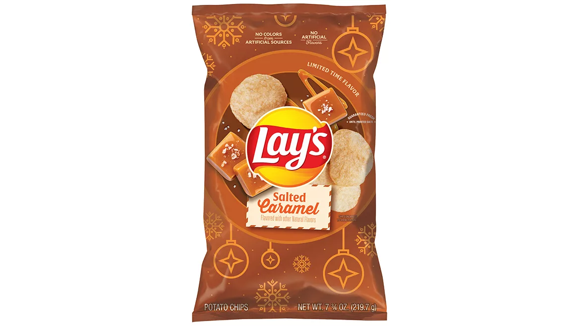Brown bag of Lay’s Salted Caramel with pictures of chips and caramels on the front.