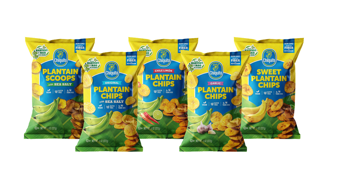Five yellow bags of Chiquita plantain chips, all different flavor varieties.