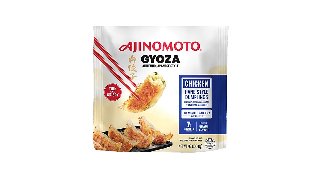 A white bag of Ajinomoto chicken Hane-Style dumplings.