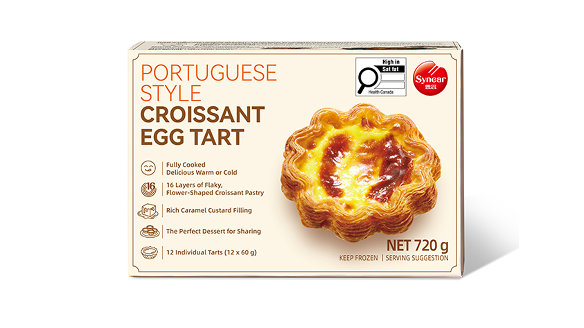 A beige box of Synear Portuguese Style Croissant Egg Tart, with the product pictured on the front.