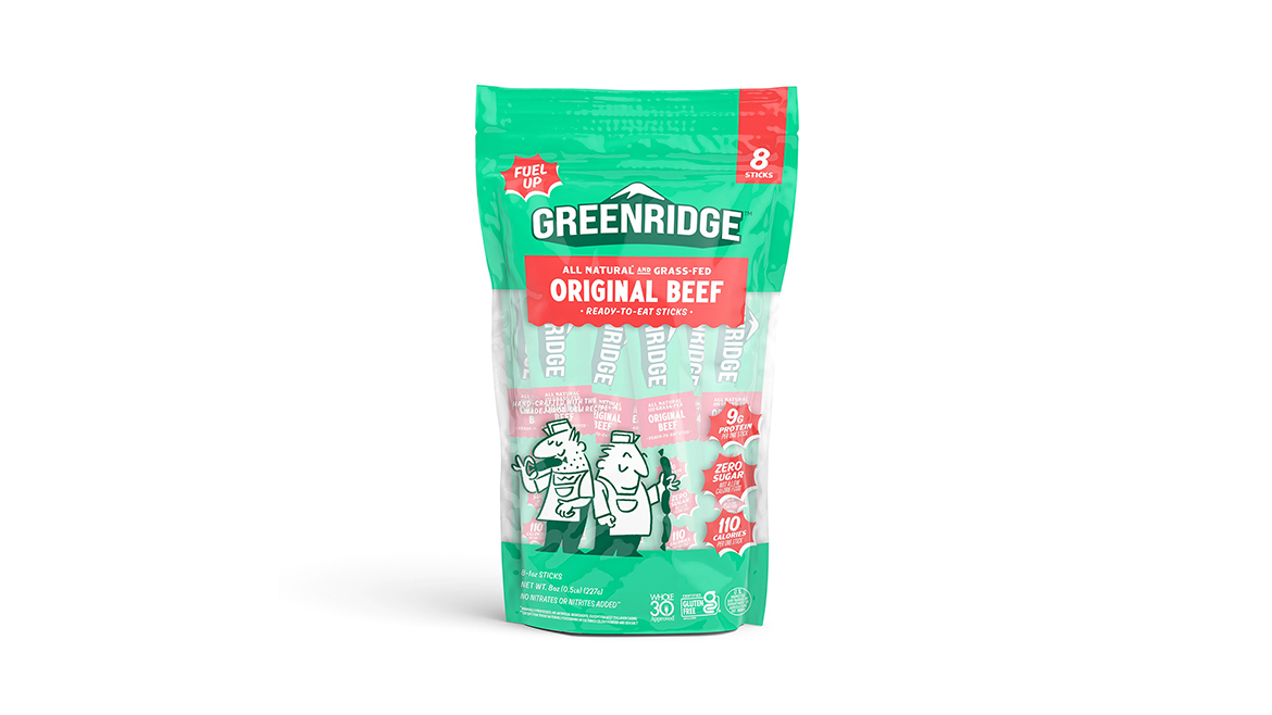 Green and red pouch of Greenridge Original Beef sticks