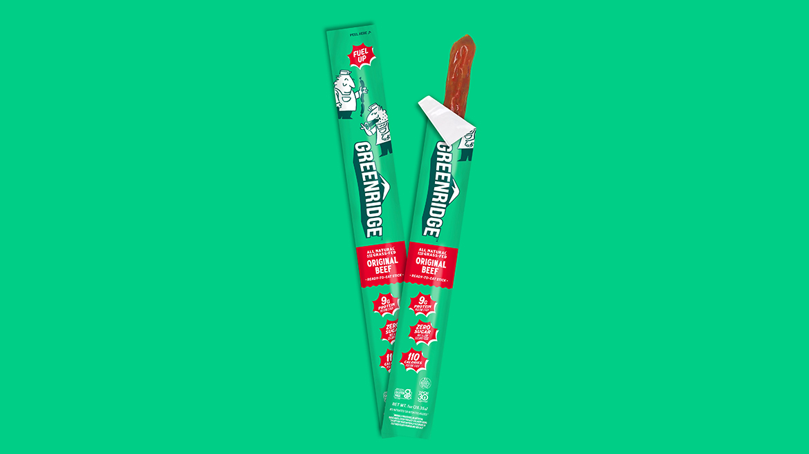Green and red packs of Greenridge Original Beef sticks on green background
