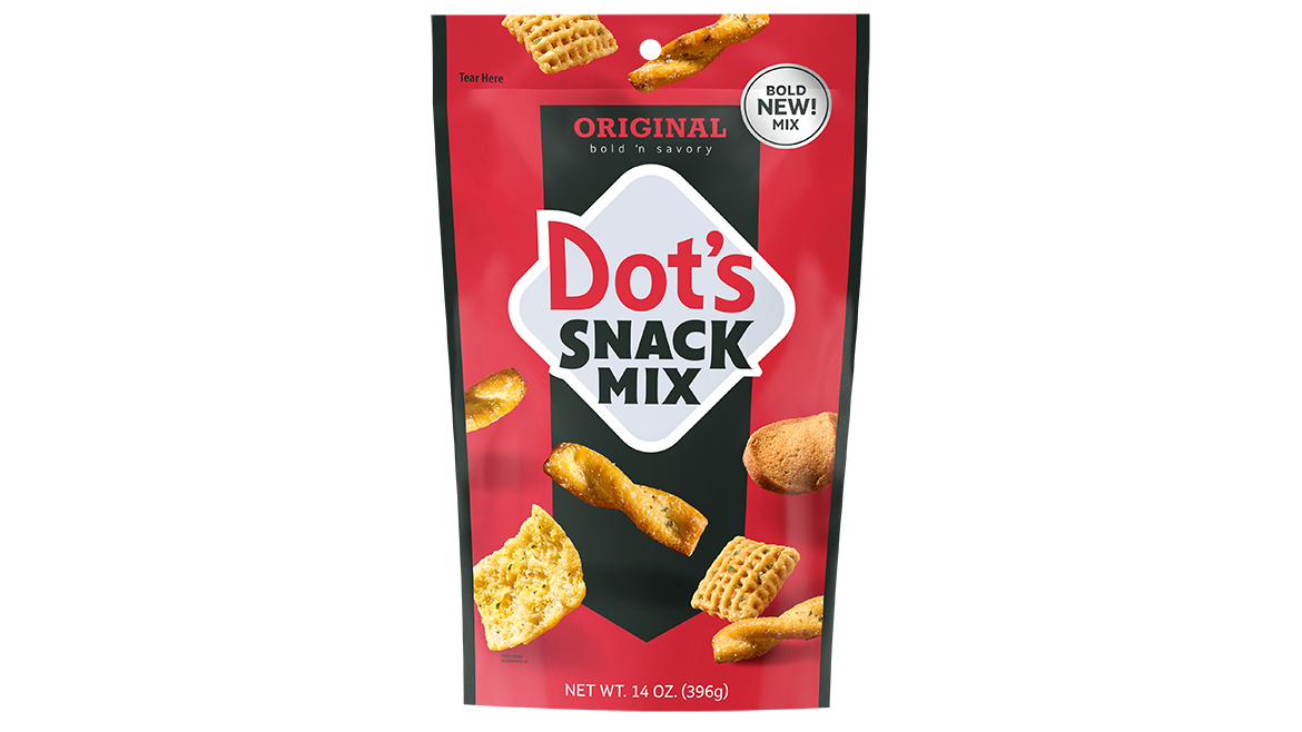 Red, black, and white pouch of Dot’s Snack Mix 