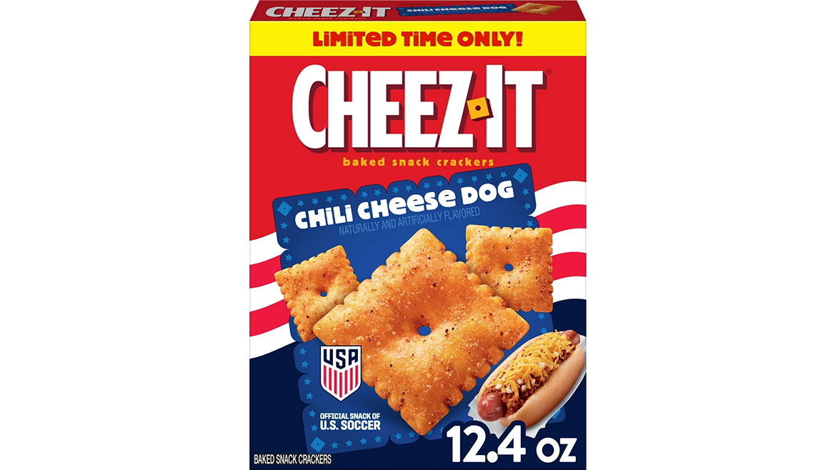 Red, white, and blue carton of Chili Cheese Dog Cheez-It crackers