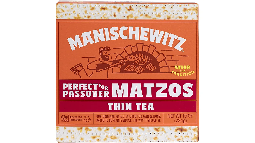 Orange carton of Manischewitz thin tea matzos