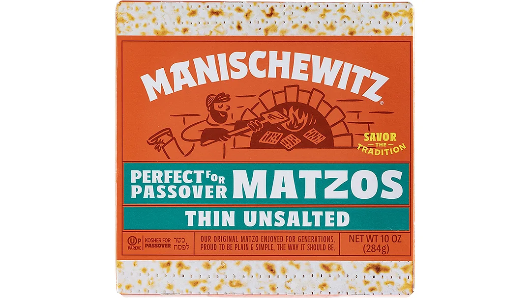 Orange carton of Manischewitz thin unsalted matzos