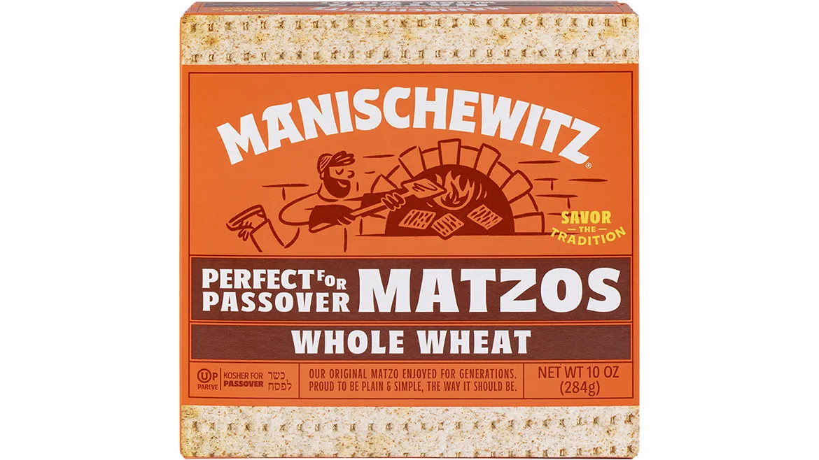 Orange carton of Manischewitz whole wheat matzos Orange carton of Manischewitz whole wheat matzos
