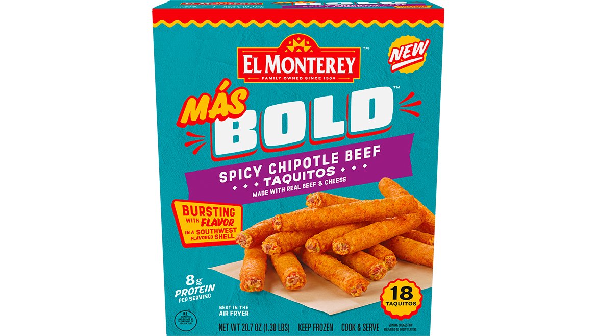 A purple, yellow, white, red, and blue-green box of El Monterey Mas Bold Spicy Chipotle Beef Taquitos.