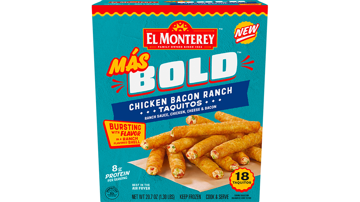 A blue, yellow, white, red, and blue-green box of El Monterey Mas Bold Chicken Bacon Ranch Taquitos.