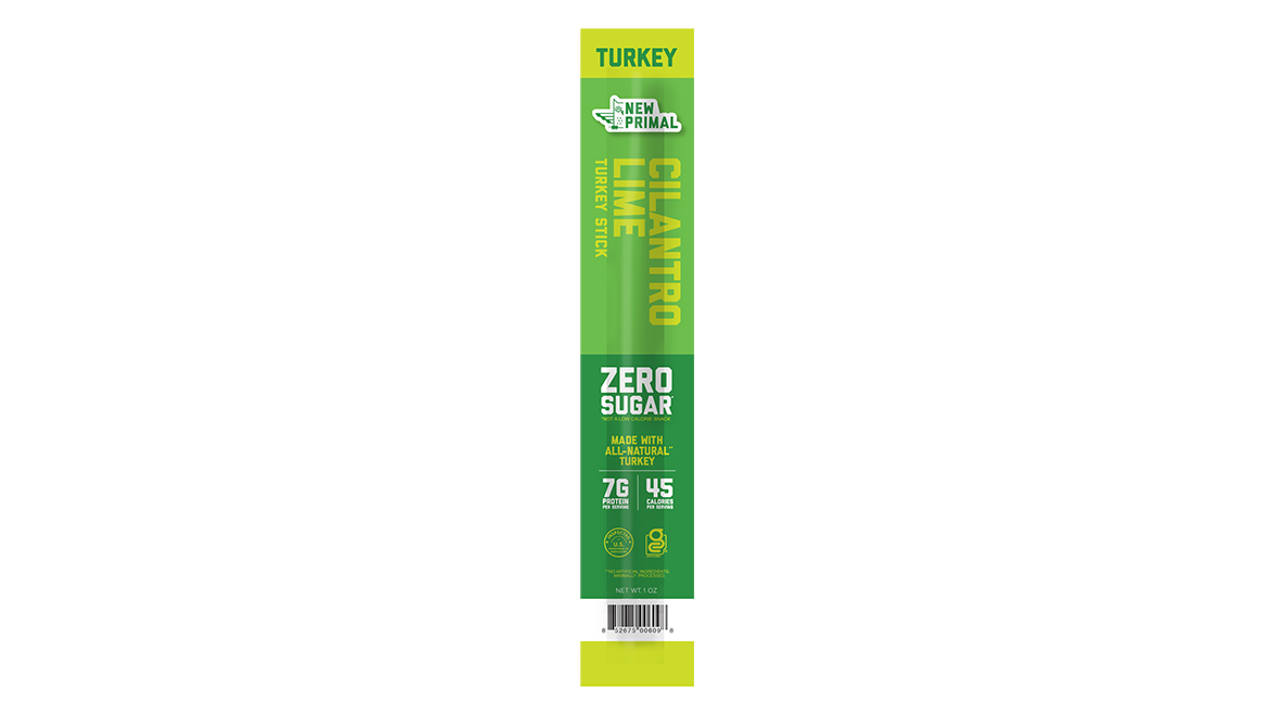 Green package of New Primal Cilantro Lime Turkey meat stick