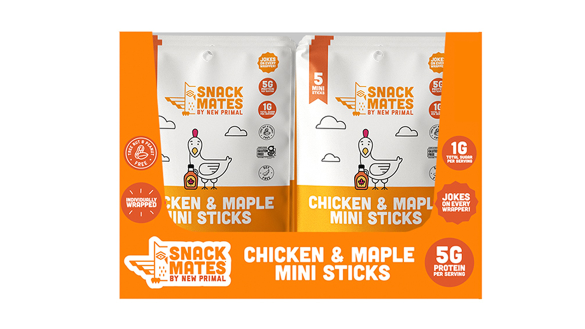 White and orange pouches of New Primal Chicken & Maple Mini Sticks in a carton
