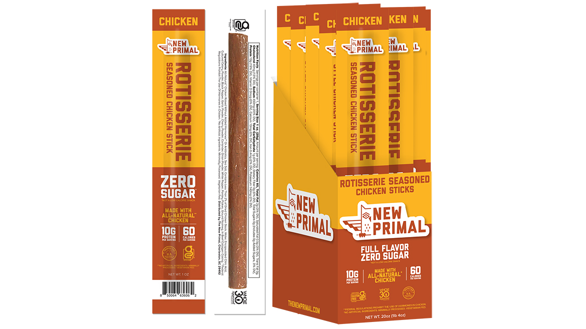 Yellow and brown packages of New Primal Rotisserie Seasoned Chicken Sticks