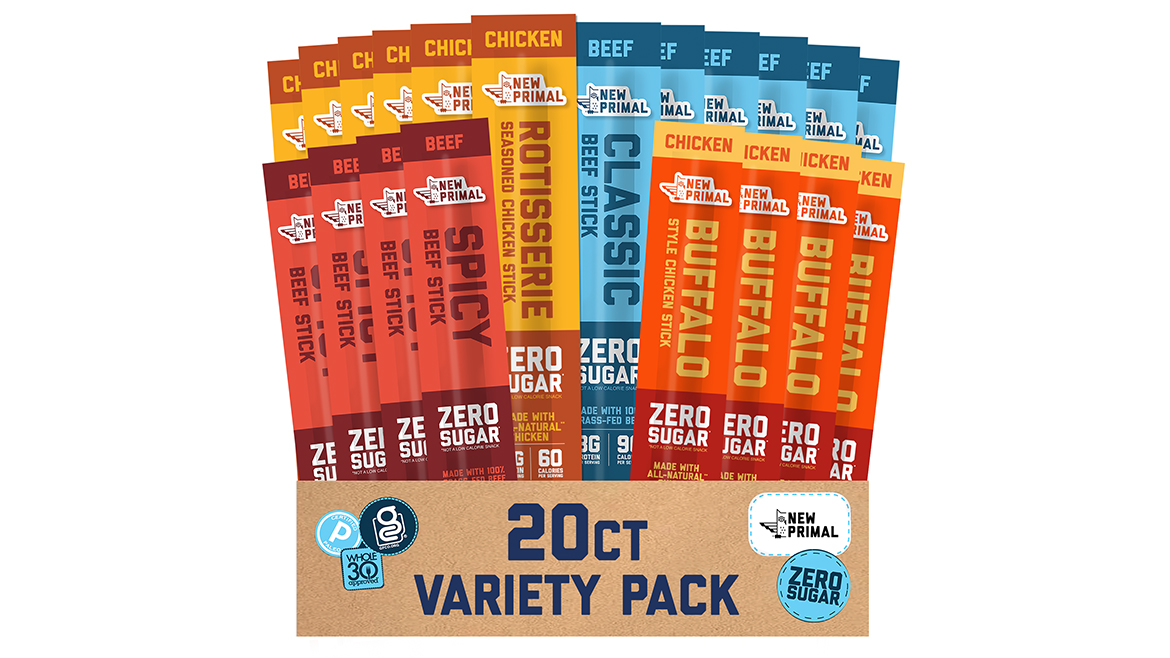 Assorted packages of New Primal beef and chicken sticks