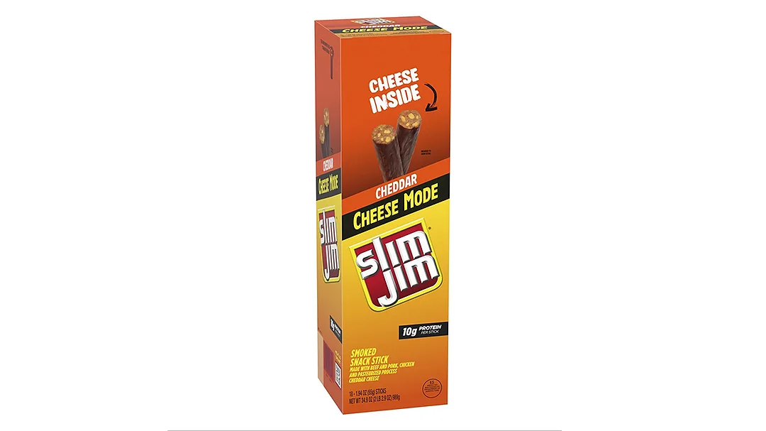 Orange, yellow, and black carton of Slim Jim Cheddar Cheese Mode meat sticks