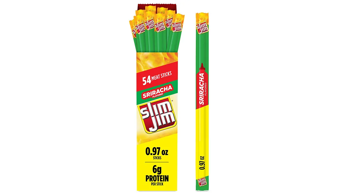 Yellow, green, and red carton and single package of Slim Jim Sriracha meat sticks