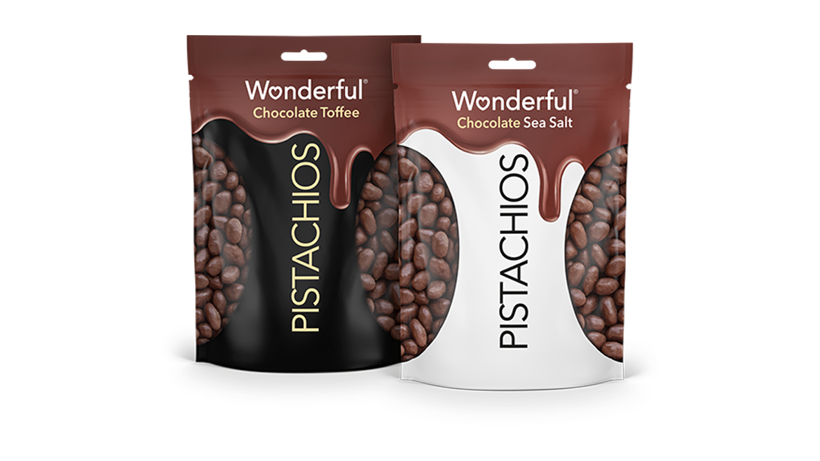 Brown and white pouches of Chocolate Toffee and Chocolate Sea Salt pistachios