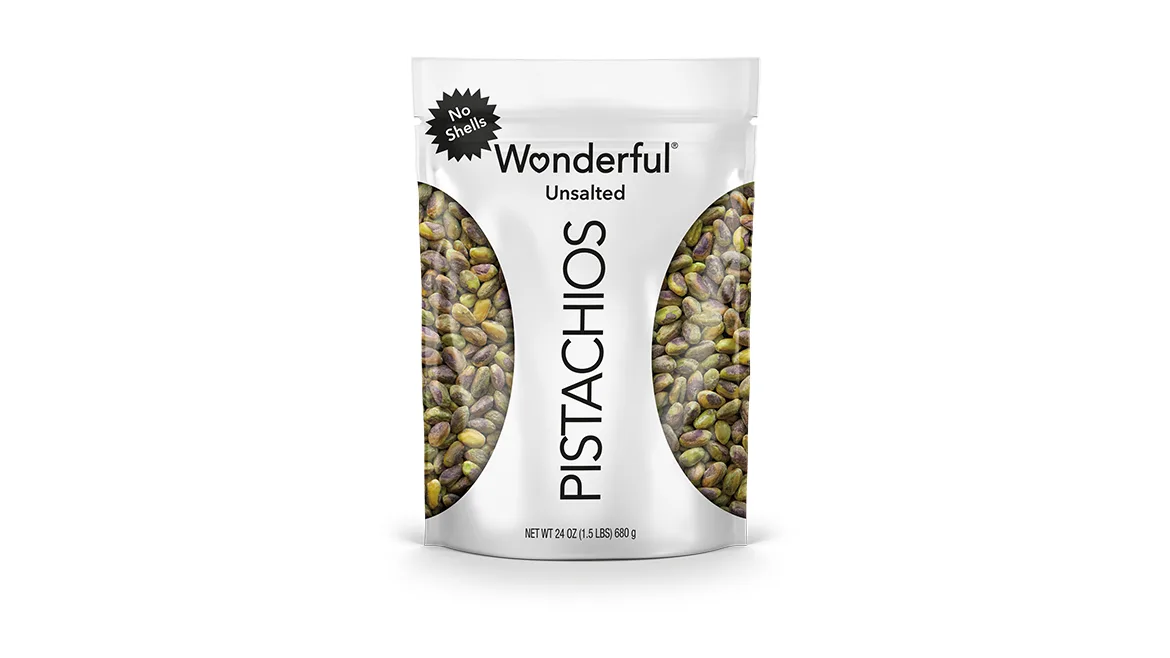 White pouch of Wonderful Unsalted Pistachios