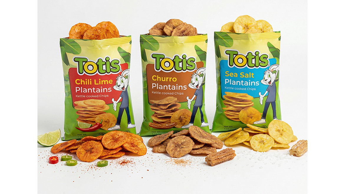 Three open bags of Totis plantain chips, with chips coming out the top and also stacked in front.