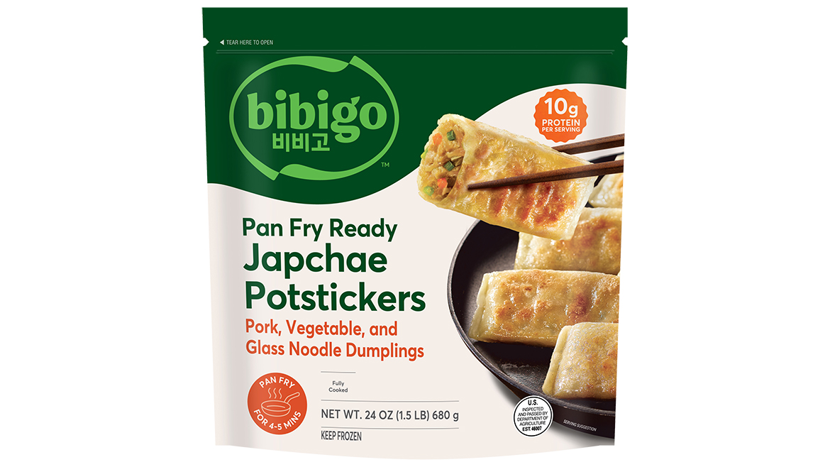 A green and white bag of Pan Fry Ready Japchae Potstickers, with pork, vegetable, and glass noodles.