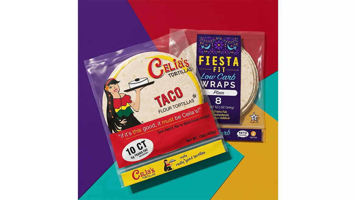 Two packages of tortillas on colorful background