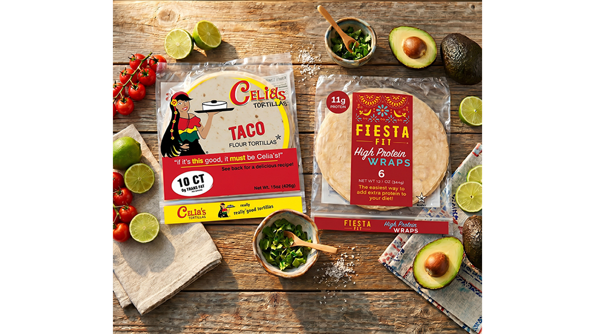 Two packages of tortillas on colorful background