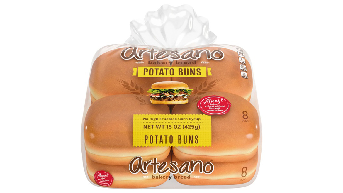 Package of Artesano potato hamburger buns
