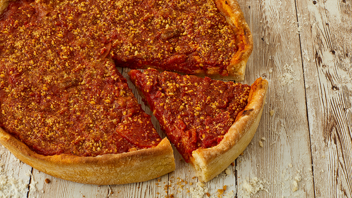 A Chicago deep-dish pizza.