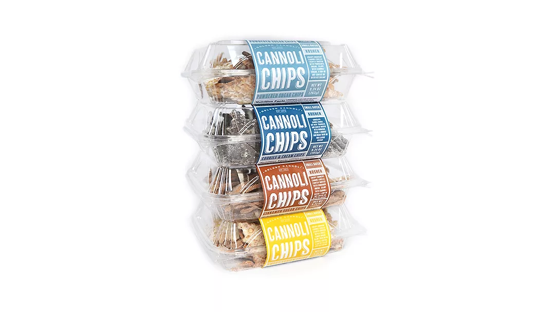 Stack of Golden Cannoli Cannoli Chips in assorted flavors