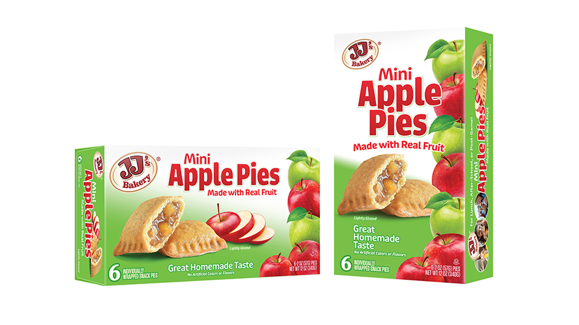 Two packages of Mini Apple Pies bakery snacks in green and white packaging.