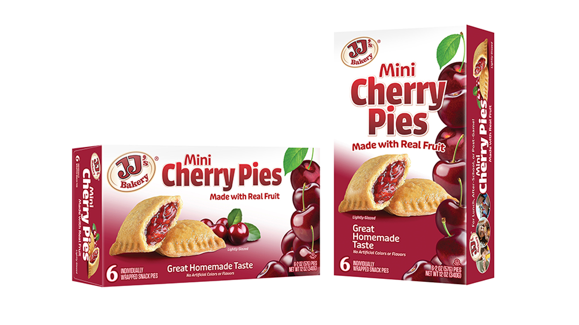 Two packages of Mini Cherry Pies bakery snacks in red and white packaging.