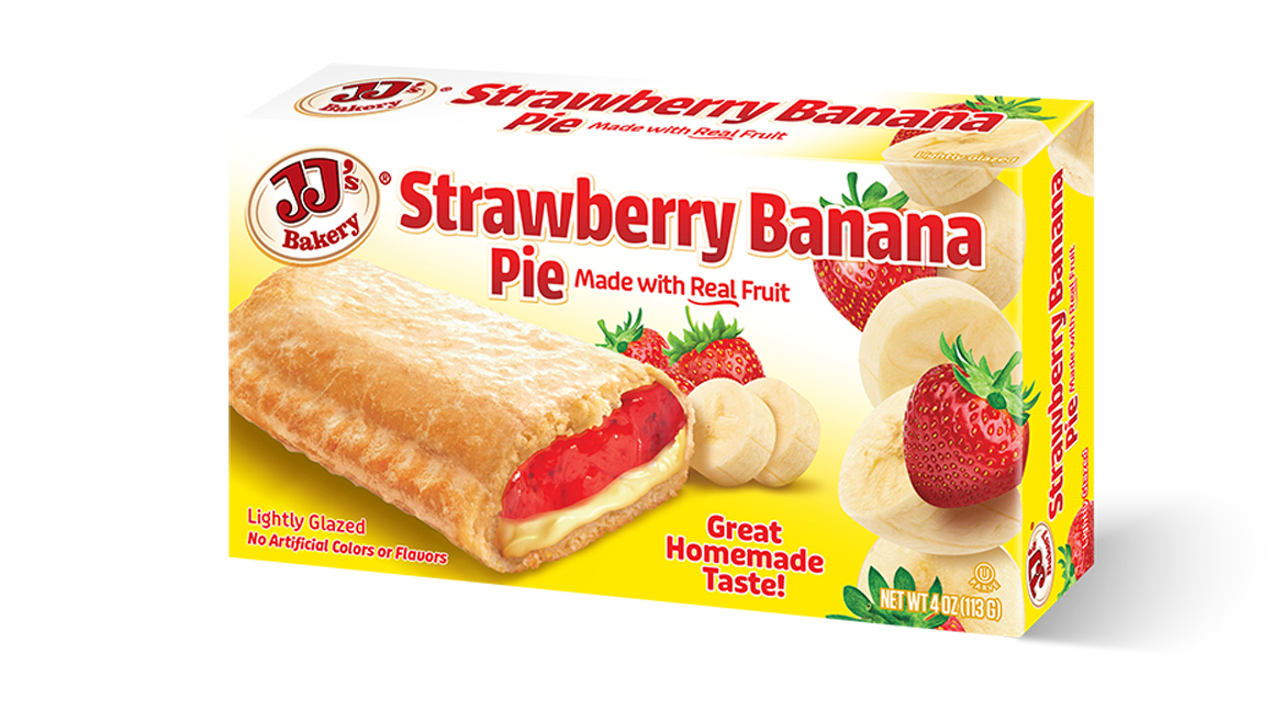 A yellow and white box of JJ’s Bakery Strawberry Banana Pie, with product pic on the front.