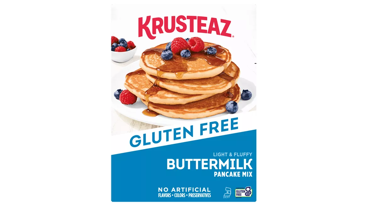 White and blue box of Krusteaz gluten-free buttermilk pancake mix White and blue box of Krusteaz gluten-free buttermilk pancake mix