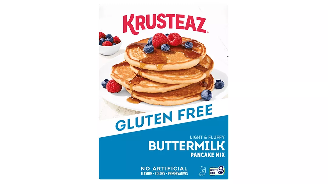 White and blue box of Krusteaz gluten-free buttermilk pancake mix