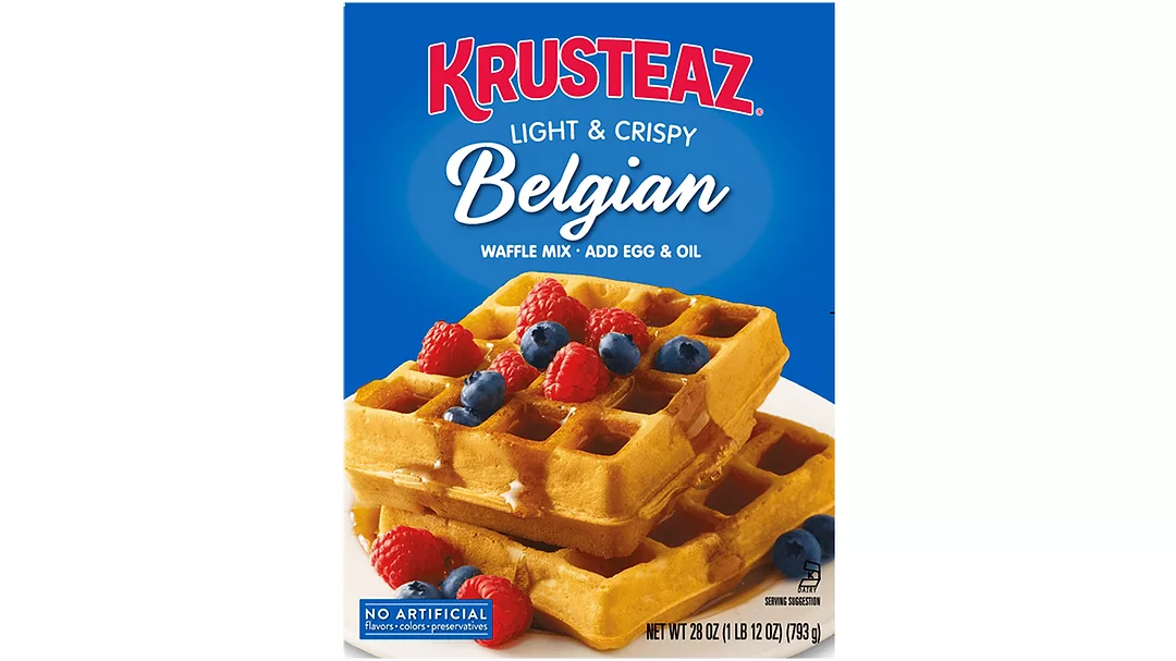 Blue box of Krusteaz Belgian waffle mix