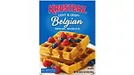 Blue box of Krusteaz Belgian waffle mix