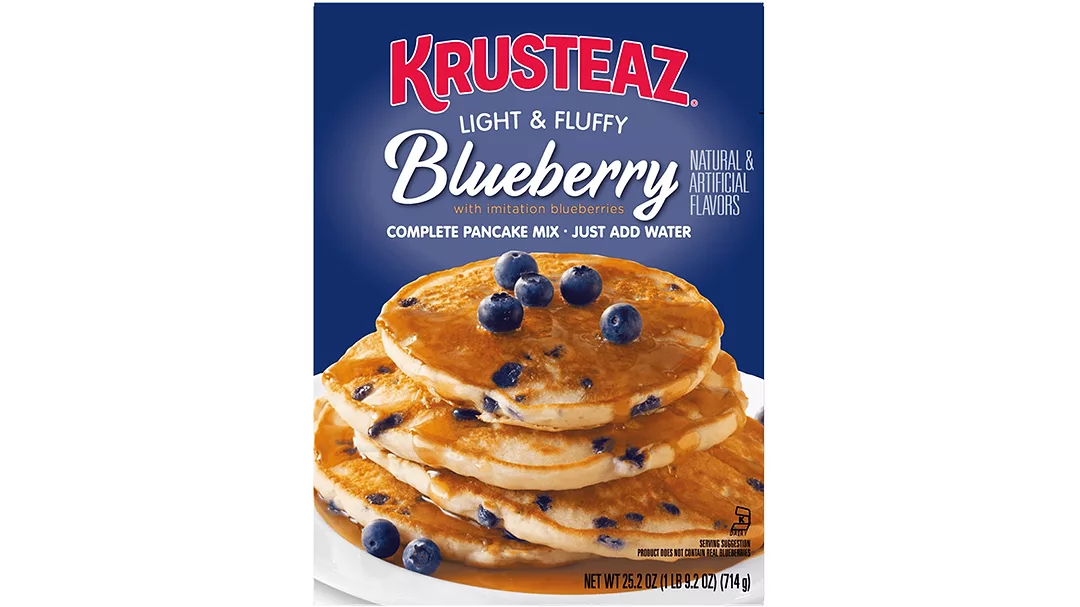 Dark blue box of Krusteaz blueberry pancake mix