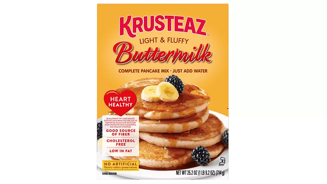 Yellow box of Krusteaz buttermilk pancake mix