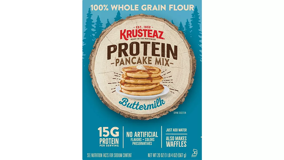 Multicolored box of Krusteaz protein pancake mix