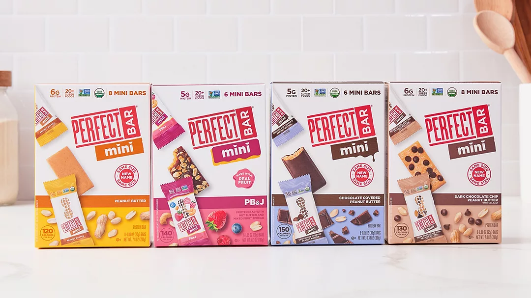 Four cartons of Perfect Bar products on a white background