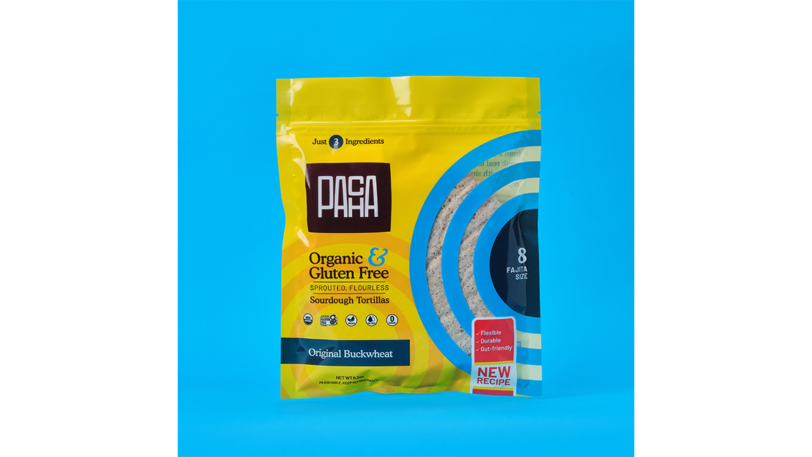 Package of Pacha tortillas on blue background