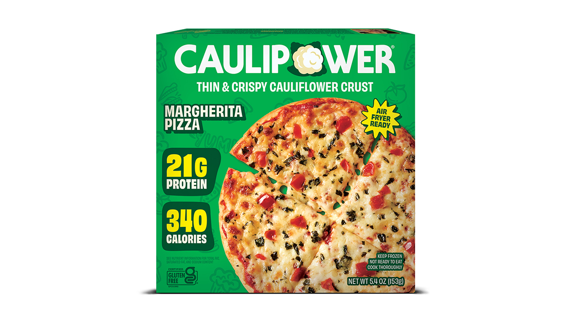 A green box of single-serve cauliflower crust margherita pizza.