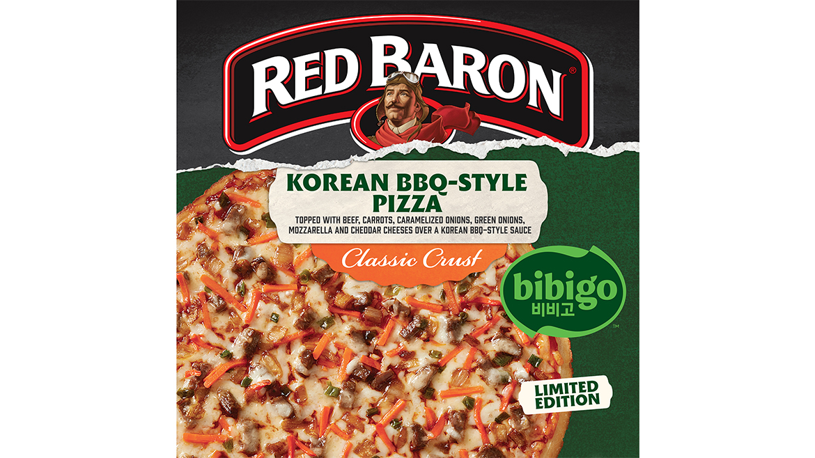 A Red Baron green pizza box with Korean BBQ-style pizza, with Bibigo and Limited-Edition callouts.